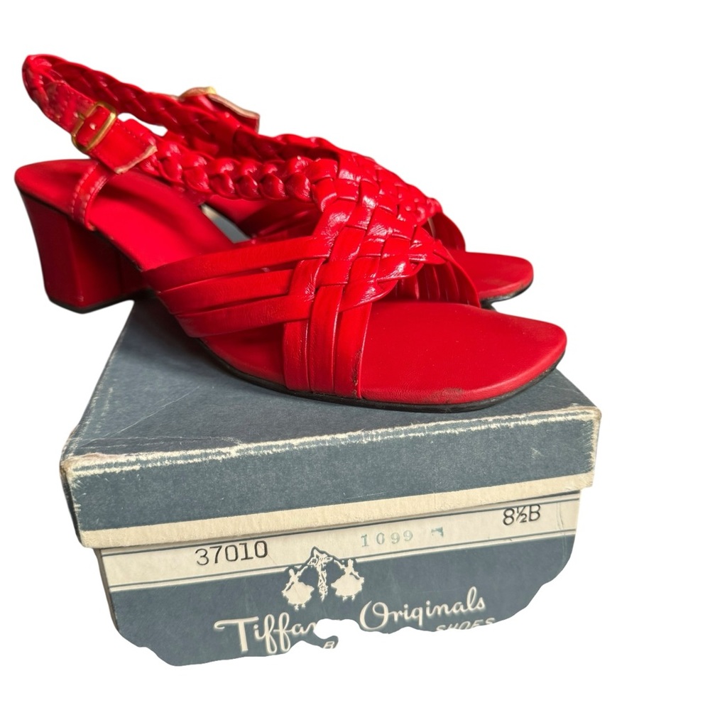 1970s Tiffany Originals Maraschino Red Open Toe Braided Sturdy Block Heels Sanda